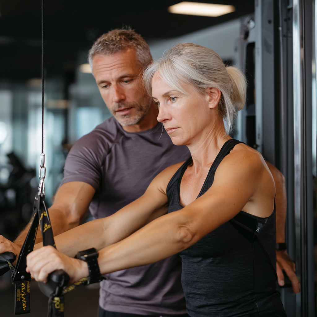 Професионален треньор на 52 години помага на клиент при упражнение в модерно оборудвана фитнес зала