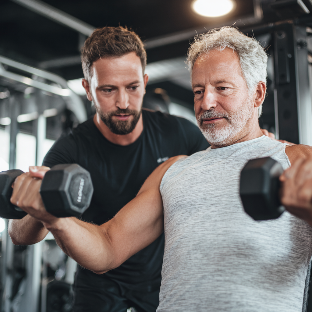 Мъж на 58 години работи с персонален треньор в фитнес зала, фокусиран върху правилната техника на упражненията