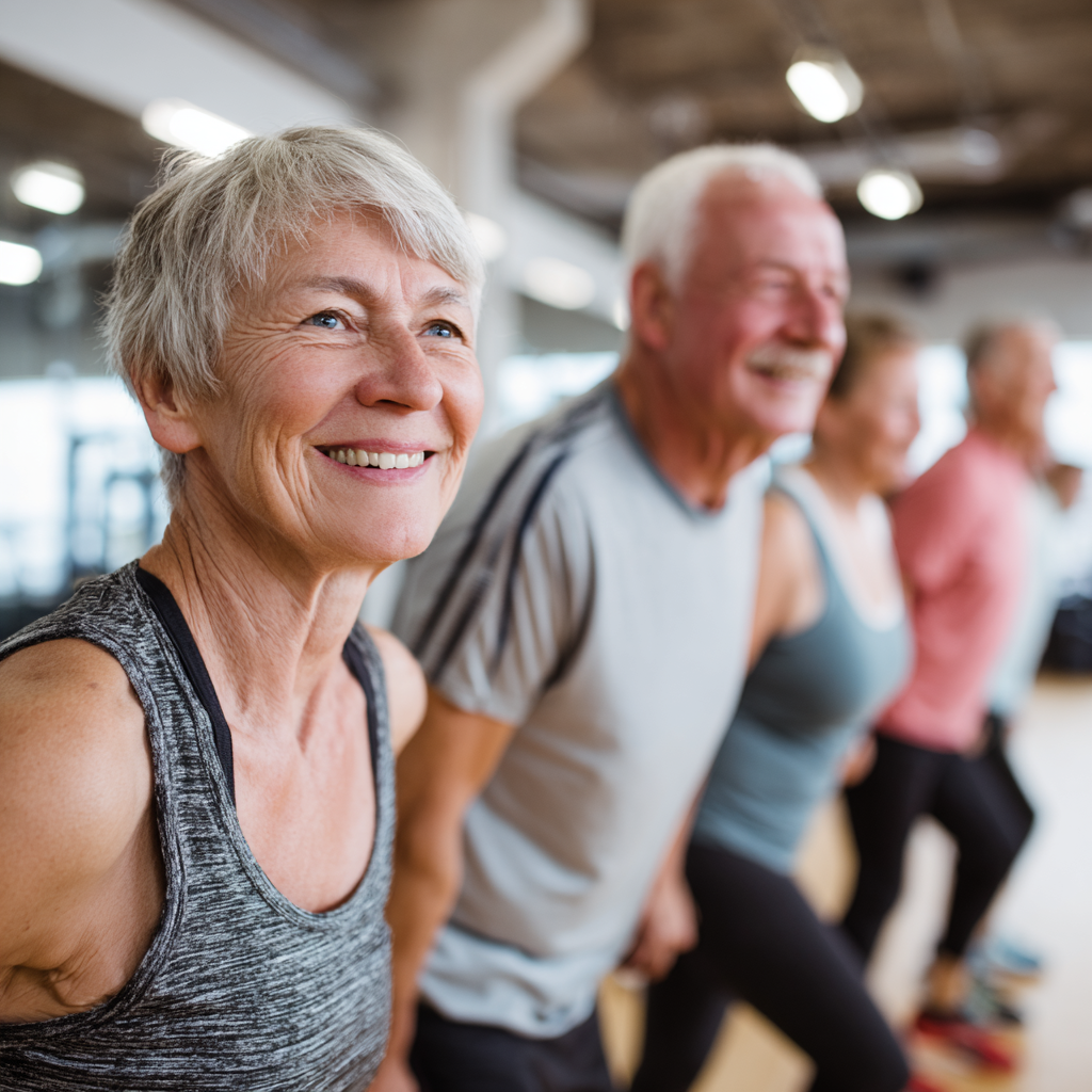 Група възрастни хора между 50-60 години упражняват заедно в светла фитнес зала, водени от професионален треньор